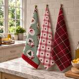 IDEA REGALO - Set 3 Strofinacci natalizi in Cotone, PREZIOSA mod. Campanella Made in Italy, natale