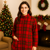 Vestaglia Natalizia in Coral Pile originale, TR, maniche lunghe con polsini, tartan, babbo natale, renna