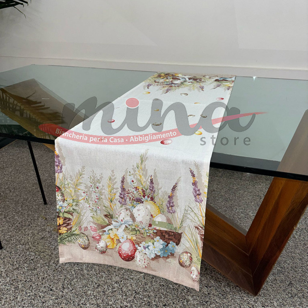 Runner Da Tavola Pasquale - 33x183 Cm, Tema Primavera Con Uova E Fiori, In Lino - Foto 2